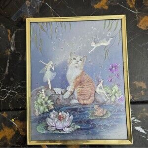 Jean Henry Cat and Fairies Dufex Foil Art  Gold Framed Vintage Fantasy